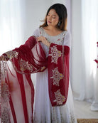 Pearl White Embroidered Red Dupatta Anarkali Suit Set - BONYHUBSALWAR KAMEEZ