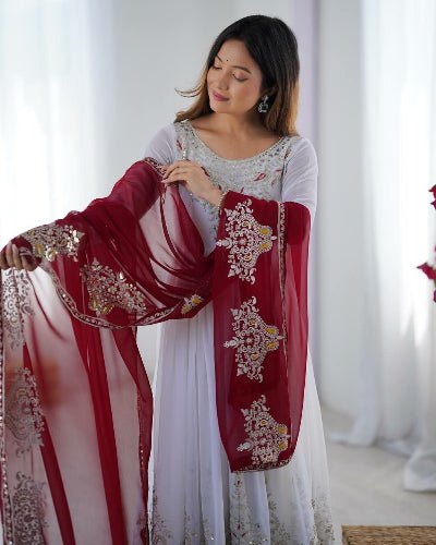 Pearl White Embroidered Red Dupatta Anarkali Suit Set - BONYHUBSALWAR KAMEEZ