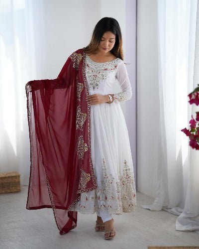 Pearl White Embroidered Red Dupatta Anarkali Suit Set - BONYHUBSALWAR KAMEEZ