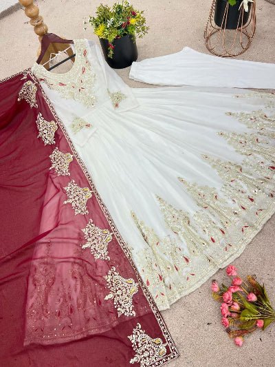 Pearl White Embroidered Red Dupatta Anarkali Suit Set - BONYHUBSALWAR KAMEEZ