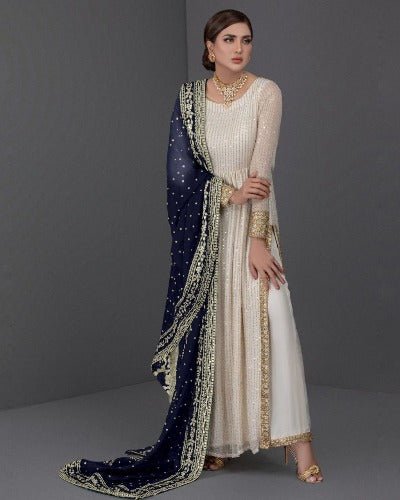 Navy Blue chunni Anarkali Gold Embroidery Gown Set of 3 UK Next Day - BONYHUBSALWAR KAMEEZ