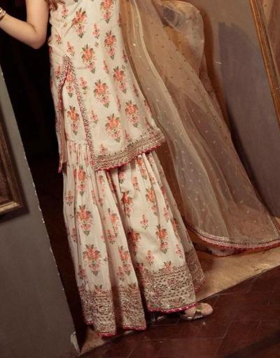 White Pink Designer Floral Chinon Silk Sharara Suit - BONYHUBSALWAR KAMEEZ