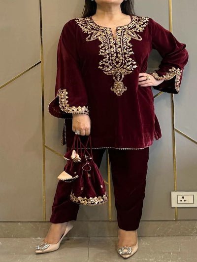 Velvet Heavy Embroidered Sleeves Kurti Pant Set - BONYHUBSALWAR KAMEEZ