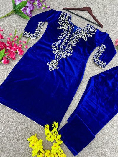 Velvet Heavy Embroidered Sleeves Kurti Pant Set - BONYHUBSALWAR KAMEEZ