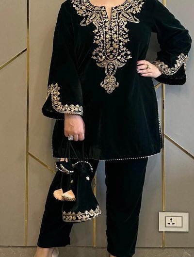 Velvet Heavy Embroidered Sleeves Kurti Pant Set - BONYHUBSALWAR KAMEEZ
