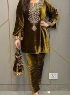 Velvet Heavy Embroidered Sleeves Kurti Pant Set - BONYHUBSALWAR KAMEEZ