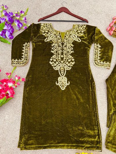 Velvet Heavy Embroidered Sleeves Kurti Pant Set - BONYHUBSALWAR KAMEEZ
