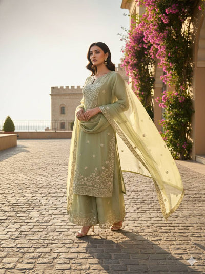 Pastel Green Elegant Thread Work Straight Palazzo Suit