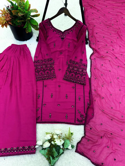 Pink Designer Embroidered Rayon Farshi Suit Set