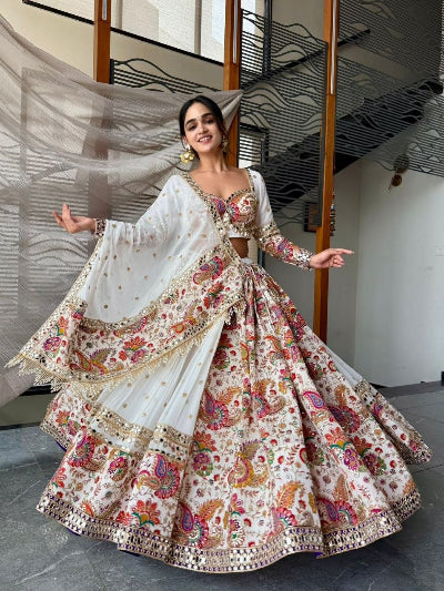 White Georgette Mirror &amp; Sequin Work Lehenga Choli Set