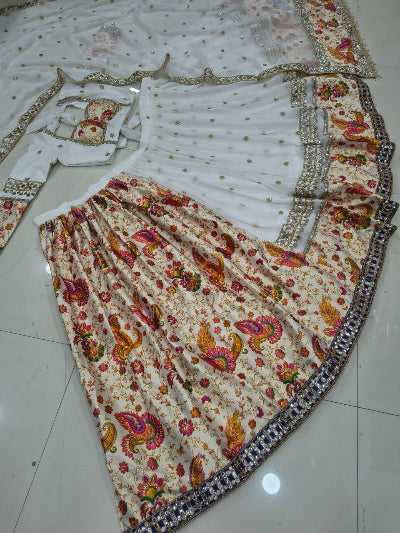 White Georgette Mirror &amp; Sequin Work Lehenga Choli Set