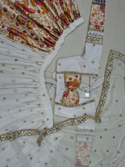 White Georgette Mirror &amp; Sequin Work Lehenga Choli Set