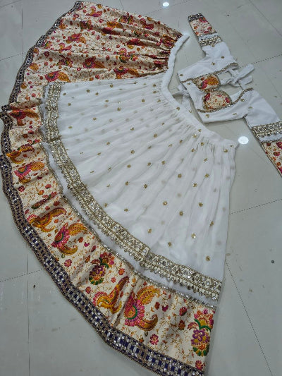 White Georgette Mirror &amp; Sequin Work Lehenga Choli Set
