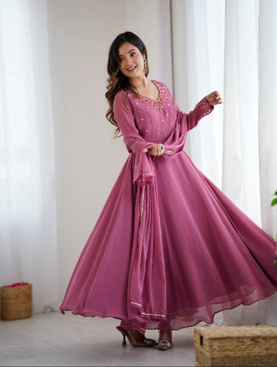 Cranberry Blush Pink Georgette Anarkali Suit Set for Women