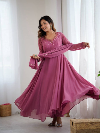 Cranberry Blush Pink Georgette Anarkali Suit Set for Women