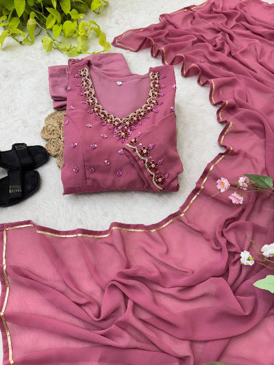 Cranberry Blush Pink Georgette Anarkali Suit Set for Women