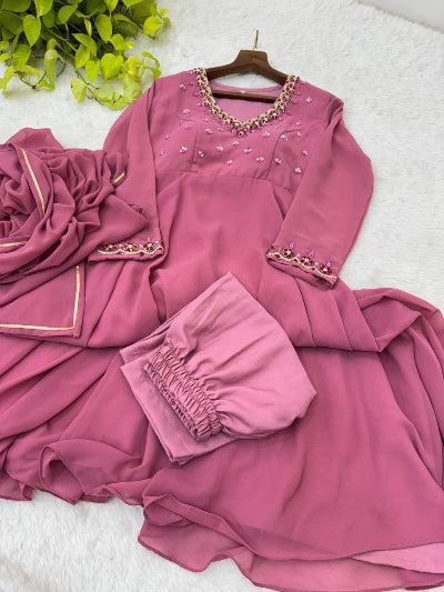Cranberry Blush Pink Georgette Anarkali Suit Set for Women