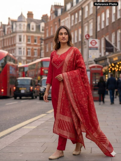 Red Chanderi Hand Work Straight Suit