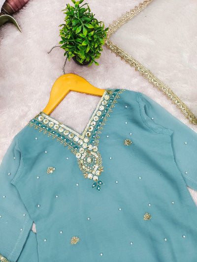 Powder Blue Kids Embroidery Palazzo Suit