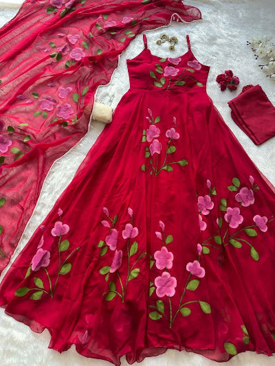 Red Georgette Handpainted Floral Sleeveless  Anarkali Suit