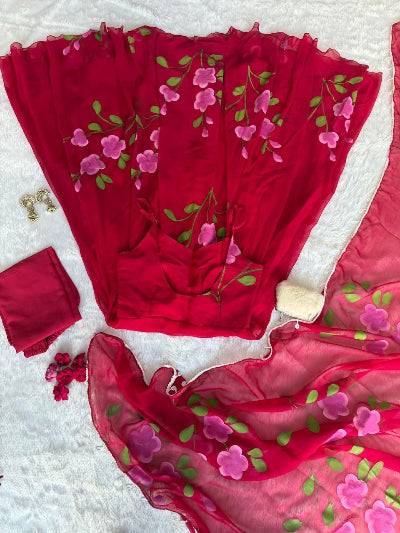 Red Georgette Handpainted Floral Sleeveless  Anarkali Suit