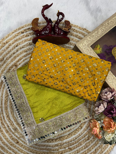 Soft Chinnon Shaded Mirror Work Sari with Unstitched Blouse