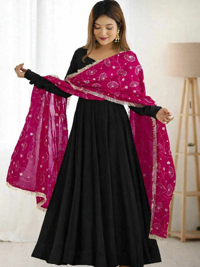 Black Anarkali Gown Pink Embroidered Dupatta Set Of 2