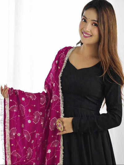 Black Anarkali Gown Pink Embroidered Dupatta Set Of 2