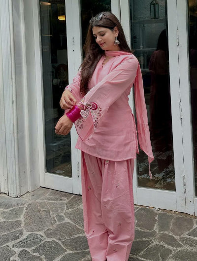 Pink Embroidered Mul Chanderi Cotton Farshi Salwar Suit