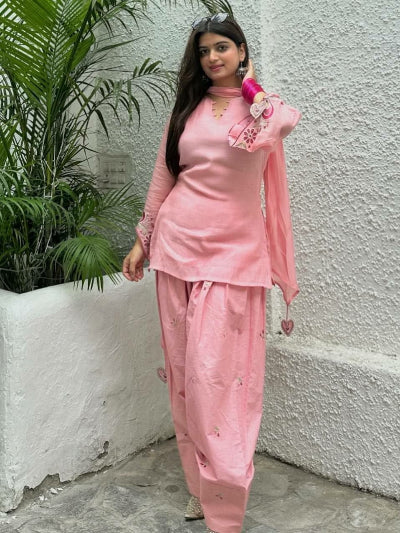 Pink Embroidered Mul Chanderi Cotton Farshi Salwar Suit
