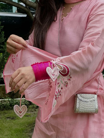 Pink Embroidered Mul Chanderi Cotton Farshi Salwar Suit