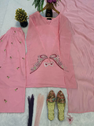Pink Embroidered Mul Chanderi Cotton Farshi Salwar Suit