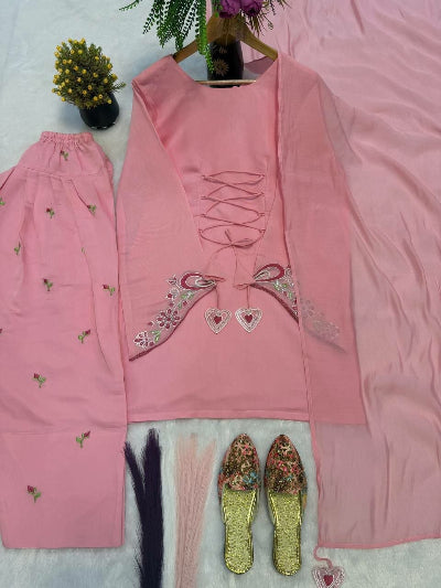 Pink Embroidered Mul Chanderi Cotton Farshi Salwar Suit