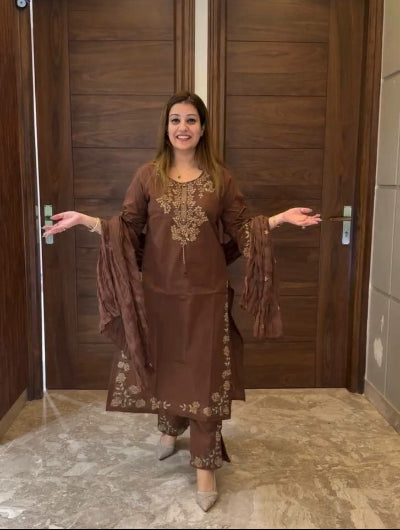 Chocolate Brown Vichitra Silk Embroidered Straight Suit