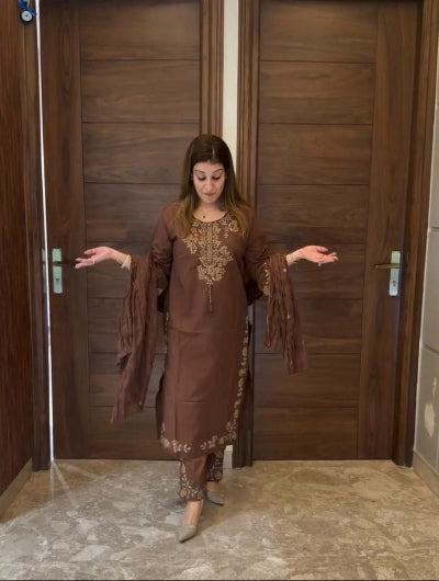 Chocolate Brown Vichitra Silk Embroidered Straight Suit