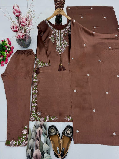 Chocolate Brown Vichitra Silk Embroidered Straight Suit