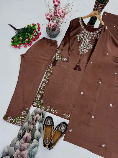 Chocolate Brown Vichitra Silk Embroidered Straight Suit