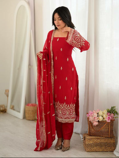Ruby Red Beads Sequin Embroidered Straight Suit Set