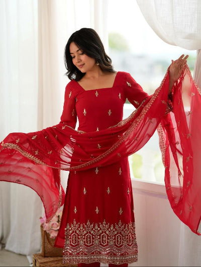 Ruby Red Beads Sequin Embroidered Straight Suit Set