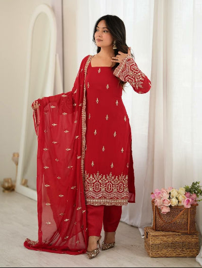 Ruby Red Beads Sequin Embroidered Straight Suit Set
