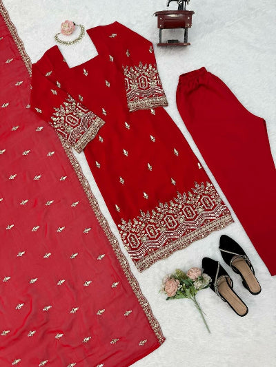 Ruby Red Beads Sequin Embroidered Straight Suit Set