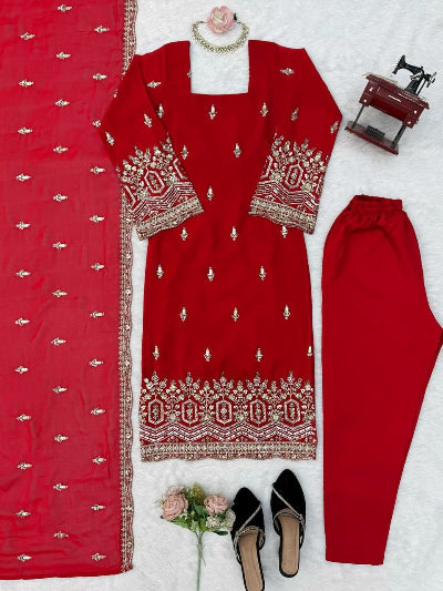 Ruby Red Beads Sequin Embroidered Straight Suit Set