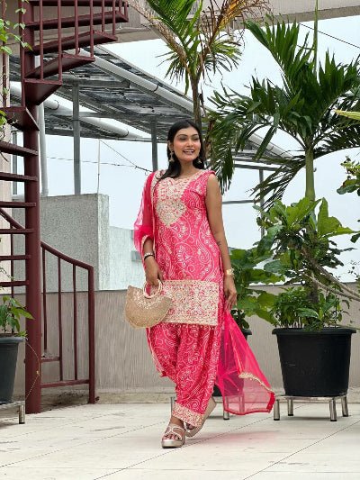 Pink Chinon Bandhani Gold Embroidery Punjabi Salwar Suit Set - BONYHUBSALWAR KAMEEZ