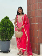 Pink Chinon Bandhani Gold Embroidery Punjabi Salwar Suit Set - BONYHUBSALWAR KAMEEZ