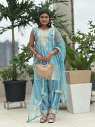 Blue Chinon Bandhani Gold Embroidery Punjabi Salwar Suit Set - BONYHUBSALWAR KAMEEZ