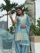 Blue Chinon Bandhani Gold Embroidery Punjabi Salwar Suit Set - BONYHUBSALWAR KAMEEZ