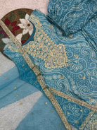 Blue Chinon Bandhani Gold Embroidery Punjabi Salwar Suit Set - BONYHUBSALWAR KAMEEZ