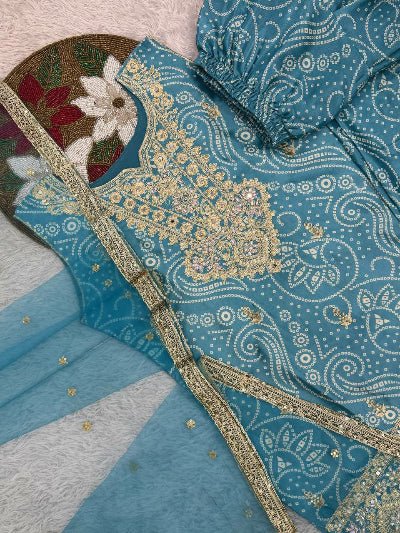 Blue Chinon Bandhani Gold Embroidery Punjabi Salwar Suit Set - BONYHUBSALWAR KAMEEZ