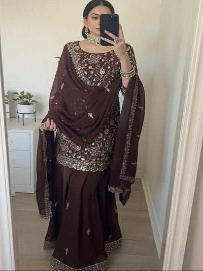 Brown Georgette Embroidery Full Sleeves Sharara Suit - BONYHUBSALWAR KAMEEZ