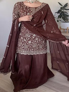 Brown Georgette Embroidery Full Sleeves Sharara Suit - BONYHUBSALWAR KAMEEZ